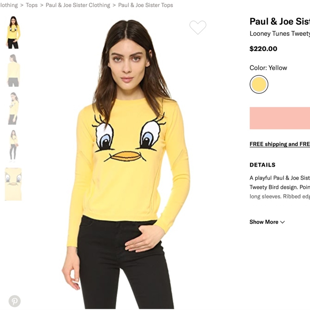 Paul & Joe Looney Tunes Tweety Bird Yellow Sweater